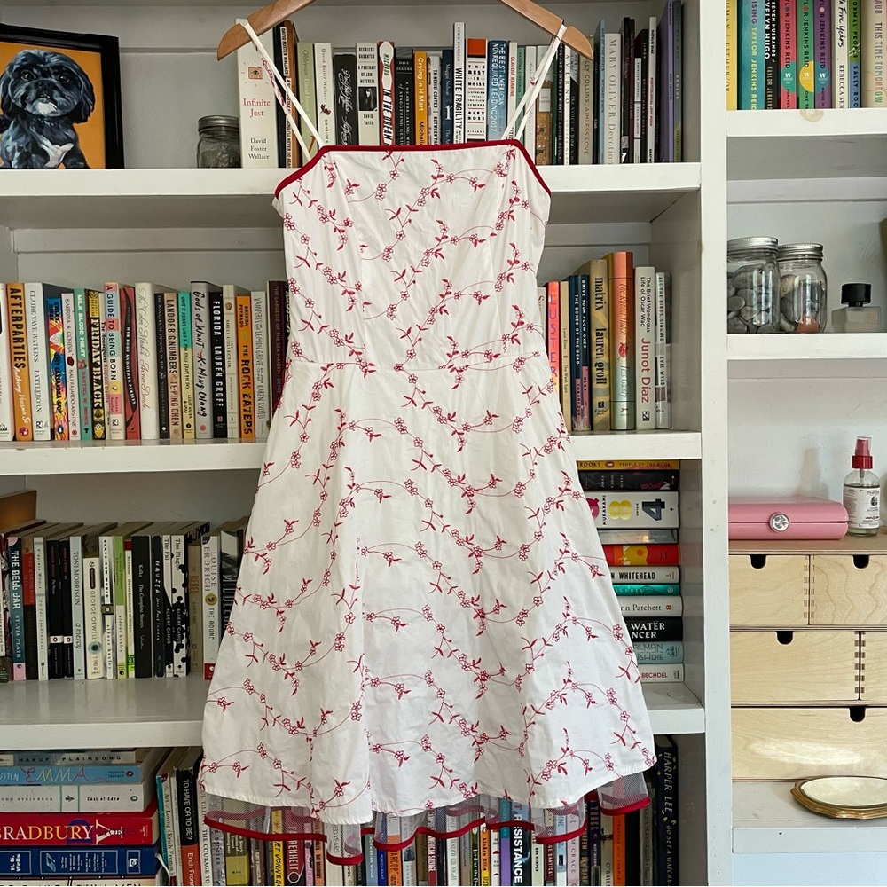 SOLD Vintage White Dress with Red Floral Embroidery and Tulle